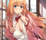  1girl bangs blazer blonde_hair blue_eyes bow bra braid breasts cleavage commentary_request curvy eyebrows_visible_through_hair fou_zi hair_over_shoulder jacket large_breasts long_hair open_blazer open_clothes open_jacket open_shirt pecorine_(princess_connect!) pink_jacket princess_connect! princess_connect!_re:dive red_bow shirt single_braid smile underwear white_bra white_shirt window 