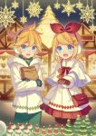  1boy 1girl absurdres bag bangs blonde_hair blue_eyes bow bowtie braid capelet choke_(amamarin) christmas christmas_tree coat commentary cowboy_shot earmuffs fur-trimmed_coat fur_trim gloves green_gloves green_pants hair_bow hair_ornament hairclip handbag heart highres holding holding_bag hooded_coat kagamine_len kagamine_rin night open_mouth pants paper_bag pointing red_bow red_gloves red_neckwear red_skirt short_hair short_ponytail skirt smile snow_globe snowflake_ornament snowman spiked_hair standing star_(symbol) swept_bangs toy vocaloid white_capelet white_coat 