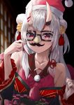  blurry blurry_background collarbone commentary_request double_bun fake_facial_hair fake_mustache glasses hair_between_eyes hair_ornament hat highres hololive horns japanese_clothes konkito long_hair looking_at_viewer nakiri_ayame oni_horns santa_hat silver_hair smile virtual_youtuber 