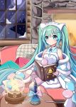  1girl aqua_eyes aqua_hair bare_shoulders bell bell_print book commentary dress fireplace fur-trimmed_dress fur-trimmed_sleeves fur_trim glowing hair_ornament hairclip hatsune_miku headphones headset highres holding holding_book homura_0205 long_hair magical_mirai_(vocaloid) night open_book reading sitting smile snowflakes snowing solo twintails very_long_hair vocaloid white_dress window 