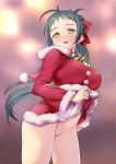  1girl antenna_hair blurry blurry_background blush bottomless bow breasts christmas dress dress_lift fur_trim green_eyes green_hair hair_bow highres hood hood_down irako_(kantai_collection) kantai_collection large_breasts lifted_by_self long_hair long_sleeves open_mouth pom_pom_(clothes) ponytail pussy rampage_2nd red_bow santa_costume solo 