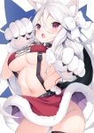  1girl ahoge animal_ears azur_lane bell bell_collar breasts cisyo collar fang fur_trim gloves hair_between_eyes highres long_hair looking_at_viewer medium_hair miniskirt navel open_mouth paw_gloves paws pink_eyes red_skirt simple_background skirt slit_pupils solo underboob white_background white_gloves white_hair yuudachi_(azur_lane) yuudachi_(woofy_floofy_christmas_night)_(azur_lane) 