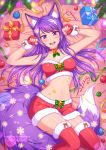  1girl :d animal_ear_fluff animal_ears artist_name bed_sheet bell bell_choker box breasts burbur candy candy_cane choker christmas christmas_ornaments commentary crop_top english_commentary fingerless_gloves food fox_ears fox_girl fox_tail fur-trimmed_legwear fur-trimmed_skirt fur_trim gift gift_box gloves hair_spread_out hands_up highres jingle_bell long_hair looking_at_viewer lying medium_breasts midriff miniskirt mixed-language_commentary navel on_back open_mouth original paw_pose purple_eyes purple_hair purple_nails red_gloves red_legwear red_skirt ribbon santa_costume skirt smile snowflakes solo tail thighhighs upper_teeth watermark zettai_ryouiki 