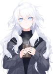  1boy :o ayashiro_keika bangs black_sweater blue_eyes commentary cup eyebrows_visible_through_hair grey_hair grey_jacket highres holding holding_cup jacket long_hair male_focus off_shoulder original otoko_no_ko parted_lips shiny shiny_hair simple_background sleeves_past_wrists solo steam sweater teeth turtleneck turtleneck_sweater upper_body waka_(shark_waka) wavy_hair white_background 