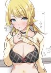  1girl ahoge bangs black_bra blonde_hair blue_eyes blush bra breasts cleavage commentary_request hachimiya_meguru highres idolmaster idolmaster_shiny_colors large_breasts lifted_by_self long_hair long_sleeves looking_at_viewer low_twintails murabito_c navel open_mouth parted_lips shirt_lift solo sweat sweater twintails underwear upper_body whiteboard 