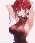  1girl armpits arms_up bangs bare_shoulders blush breasts hair_ribbon heterochromia hololive houshou_marine large_breasts long_hair looking_at_viewer mouth_hold open_mouth red_eyes red_hair ribbon shuri_(84k) solo virtual_youtuber yellow_eyes 