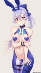  1girl adapted_costume animal_ears arm_under_breasts bangs blue_bow blue_legwear blush bow breasts bunny_ears closed_mouth collarbone covered_collarbone covered_nipples eyebrows_visible_through_hair fake_animal_ears fate/grand_order fate_(series) hair_between_eyes hair_bow heart_pasties large_breasts long_hair looking_at_viewer maebari meme_attire navel pasties ponytail red_eyes revealing_clothes reverse_bunnysuit reverse_outfit revision same_no_fukahire silver_hair simple_background simulated_fellatio standing thigh_strap thighs tomoe_gozen_(fate/grand_order) tomoe_gozen_(swimsuit_saber)_(fate) white_background white_legwear 