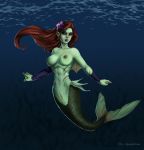  ariel_(disney) arm_warmers armwear beady_eyes breasts clothing dark_nipples deeaquifolium disney ear_piercing ear_ring erect_nipples female fin genitals gills green_body green_skin hair hi_res marine membrane_(anatomy) merfolk mostly_nude nipples non-mammal_breasts piercing pussy red_hair scales solo tail_fin the_little_mermaid underwater water webbed_hands wide_hips 