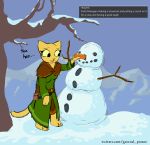  alps anthro bethesda_softworks carrot clothing cyrodiil dialogue discord_(app) felid female food general_proton hi_res holding_object katia_managan khajiit laugh looking_at_object mammal mountain plant pouch_(anatomy) pouch_purse prequel robe skyrim smile snowman solo the_elder_scrolls tree vegetable video_games watermark webcomic 