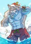 abs anthro biceps bottomwear christmas clothing dark-dusk detailed_background fur hi_res holidays male mammal muscular muscular_anthro muscular_male nipples outside pecs seaside simple_background sky solo swimming_trunks swimwear water 