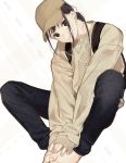  1girl backpack bag baggy_clothes bangs barefoot brown_eyes brown_hair cap casual denim earbuds earphones hands_on_feet hat head_tilt highres jeans looking_at_viewer original pants ponytail sitting sweater un_(un0044) 