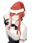  alternate_costume azur_lane black_bow black_gloves bow box braid chilli_646 french_braid fur-trimmed_headwear gift gift_box gloves hat highres holding holding_gift long_hair looking_at_viewer monarch_(azur_lane) pink_eyes red_hair santa_hat short_sleeves simple_background upper_body white_background 