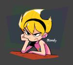  1girl bare_shoulders black_eyes black_hairband blonde_hair closed_mouth commentary english_commentary hairband halftone head_rest highres mandy_(grim_adventures) rariatto_(ganguri) solo the_grim_adventures_of_billy_&amp;_mandy upper_body v-shaped_eyebrows 
