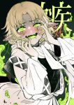  1girl ahegao bangs blonde_hair blush cowboy_shot crazy drooling eyebrows_visible_through_hair fangs fingernails full-face_blush green_eyes green_nails hands_on_own_face hands_up heart heart-shaped_pupils highres jacket layered_clothing light_brown_hair long_sleeves mizuhashi_parsee open_mouth parted_bangs pointy_ears sakuratsuki saliva scarf shaded_face sharp_fingernails short_hair skin_fangs solo spot_color symbol-shaped_pupils touhou uneven_eyes white_scarf wide_sleeves yandere 