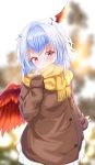  1girl absurdres alternate_costume arm_at_side arm_up bangs besuteia blue_hair blurry blurry_background bob_cut brown_coat coat commentary_request cowboy_shot day duffel_coat eyebrows_visible_through_hair feathered_wings fur-trimmed_coat fur_trim head_tilt head_wings highres horns looking_at_viewer multicolored_hair outdoors red_eyes red_wings scarf short_hair sleeves_past_wrists smile solo standing tokiko_(touhou) touhou two-tone_hair white_hair wings yellow_scarf 