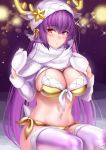  1girl :o antlers bikini blush breasts breath cleavage fake_antlers fate/grand_order fate_(series) fur_trim gold_bikini hat large_breasts lights long_sleeves looking_at_viewer mittens navel night okitakung outdoors purple_hair red_eyes scathach_(fate)_(all) scathach_skadi_(fate/grand_order) shawl sitting snow solo swimsuit thighhighs 