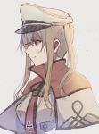  1girl bangs blonde_hair capelet celtic_knot cropped_torso eyebrows_visible_through_hair graf_zeppelin_(kantai_collection) grey_background hair_between_eyes hat iron_cross kantai_collection long_hair military military_uniform necktie peaked_cap profile rinto_(rint_rnt) sidelocks simple_background smile solo twintails uniform upper_body 
