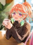  1girl absurdres alternate_hairstyle aqua_hair blush casual coffee commentary commentary_request cup curcumin earrings feather_earrings feathers highres holding holding_cup hololive hololive_english indoors jewelry looking_at_another multicolored_hair open_mouth orange_hair pink_hair plant ponytail purple_eyes smile sweater takanashi_kiara turtleneck turtleneck_sweater twitter_username two-tone_hair upper_body virtual_youtuber 