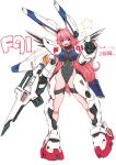  1girl absurdres bangs breasts clenched_hand covered_navel dated eyebrows_visible_through_hair f91_gundam gun gundam gundam_f91 highres holding holding_gun holding_weapon large_breasts leotard long_hair mecha_musume michi_kuso open_mouth personification pink_hair skin_tight smile solo standing star_(symbol) very_long_hair weapon white_background wide_hips 