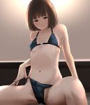  1girl bare_shoulders blush bra breasts brown_eyes brown_hair collarbone commentary_request eyebrows_visible_through_hair groin highres looking_at_viewer mole mole_on_breast navel original panties red_nails short_hair sitting small_breasts smile solo spread_legs tama_(seiga46239239) underwear 