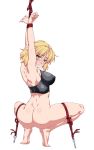  1girl ass barefoot blonde_hair blush breasts clenched_teeth eyebrows_visible_through_hair from_behind full_body green_eyes highres large_breasts looking_at_viewer mizuhashi_parsee nose_blush ootsuki_wataru pointy_ears restrained rope short_hair simple_background solo squatting sweat teeth touhou white_background 