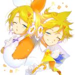  1boy 1girl blonde_hair blue_eyes bow candy candy_cane capelet chestnut_mouth commentary cropped_torso food fur-trimmed_capelet fur_trim gloves grin hair_bow half-closed_eye headphones headset highres holding holding_candy_cane kagamine_len kagamine_rin looking_at_viewer magical_mirai_(vocaloid) neckerchief one_eye_closed orange_bow orange_capelet oyamada_gamata short_ponytail smile spiked_hair two-tone_bow upper_body v vocaloid white_bow white_capelet white_gloves 