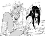  2girls bb_(baalbuddy) bracelet breasts cleavage clothes_around_waist collared_shirt commentary dark_elf dark_skin demon_girl demon_horns demon_wings desk earrings elf english_commentary english_text fanfic fingernails fujoshi greyscale gyaru hand_up heart highres holding horns jacket jacket_around_waist jewelry large_breasts laughing leg_warmers long_hair long_sleeves looking_at_viewer miniskirt monochrome multiple_girls necklace on_desk open_clothes open_shirt original pleated_skirt pointy_ears shirt shoes simple_background sitting sitting_on_desk skirt smile track_jacket v white_background wing_collar wings 