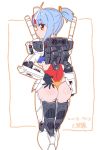  1girl ass backpack bag black_gloves blue_hair blush breasts brown_eyes dated from_behind gloves gundam highres leotard leotard_pull looking_at_viewer looking_back mecha_musume medium_breasts michi_kuso mobile_suit_gundam personification rx-78-2 solo thrusters tied_hair underboob v-fin 