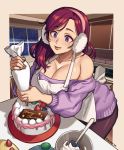  1girl apron beryl_(junkpuyo) black_legwear borrowed_character breasts cake commentary decorating dress english_commentary food highres huge_breasts jewelry kitchen leaning_forward long_hair mariel_cartwright merry_christmas mixing_bowl no_bra off-shoulder_dress off_shoulder original pantyhose purple_eyes purple_hair ring solo sweater sweater_dress wedding_ring 