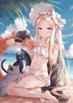  1girl abigail_williams_(swimsuit_foreigner)_(fate) annoyed bangs bare_legs bare_shoulders barefoot beach bikini bikini_skirt black_cat black_jacket blonde_hair blue_eyes blush bow breasts cat collarbone commentary_request day fate/grand_order fate_(series) hair_bow highres innertube innertube_with_ears jacket long_hair long_sleeves looking_at_viewer multiple_hair_bows navel ocean off_shoulder outdoors parted_bangs sitting solo stomach swimsuit very_long_hair white_bow yumesaki 