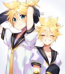  2boys arm_warmers arms_behind_head arms_up artist_name black_collar blonde_hair blue_eyes blush collar commentary dual_persona ei_flow english_commentary facing_viewer grin height_difference kagamine_len looking_at_viewer male_focus multiple_boys necktie sailor_collar school_uniform shirt short_ponytail short_sleeves smile spiked_hair vocaloid white_background white_shirt yellow_neckwear 