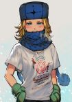  1girl :d alternate_costume blonde_hair blue_eyes blue_headwear blue_scarf blush clothes_writing fur_hat gloves green_gloves hat hungry_clicker kolin looking_at_viewer medium_hair mittens open_mouth print_shirt round_teeth scarf shirt short_sleeves smile solo street_fighter street_fighter_v teeth upper_body upper_teeth ushanka white_shirt 