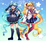  2girls alternate_hairstyle bangs bishoujo_senshi_sailor_moon black_gloves black_skirt blonde_hair blue_eyes blue_hair blue_skirt boots character_name cosplay costume_switch detached_sleeves elbow_gloves english_commentary gloves hair_between_eyes hairstyle_switch hatsune_miku knee_boots magical_girl multiple_girls one_eye_closed onsta open_mouth parted_bangs sailor_collar sailor_moon sailor_senshi_uniform skirt sleeves_past_wrists thigh_boots thighhighs tsukino_usagi twintails v vocaloid 