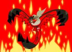  creature fire flying full_body gen_6_pokemon julesdrawz legendary_pokemon no_humans pokemon pokemon_(creature) red_background simple_background solo third-party_source yveltal 