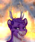  absurd_res anthro antlers capreoline cervid cleovelot clouded_leopard felid fur hair headshot_portrait hi_res horn hybrid looking_aside male mammal pantherine portrait purple_body purple_eyes purple_fur purple_hair rexwind smile solo spots spotted_body spotted_fur sunset teeth white-tailed_deer 