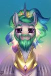  2020 2:3 absurd_res beard blue_mane crossgender english_text equid facial_hair feathered_wings feathers feral friendship_is_magic fur green_beard green_mane hasbro hi_res horn jedayskayvoker looking_at_viewer male mammal mane multicolored_mane my_little_pony pink_mane portrait princess_celestia_(mlp) purple_eyes signature smile solo text url white_body white_feathers white_fur white_wings winged_unicorn wings 