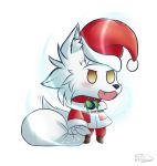  anthro arctic_wolf blush canid canine canis chibi christmas christmas_clothing christmas_headwear clothed clothing fur hakuhyogaki hat headgear headwear hi_res holidays kai_oosaki male mammal open_mouth open_smile orange_eyes padoru santa_hat simple_background smile solo white_background white_body white_fur wolf 