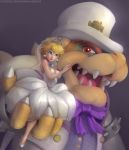  anthro blonde_hair blue_eyes bow_tie bowser breasts claws clothing crown dress duo ear_piercing ear_ring eye_contact female footwear hair hat headgear headwear human koopa larger_male lipstick looking_at_another makeup male male/female mammal mario_bros marmalademum nintendo open_mouth piercing princess_peach red_eyes red_hair scalie simple_background size_difference smaller_female suit teeth text top_hat url video_games wedding_dress 