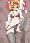  1girl alice_margatroid arm_up bangs bed_sheet black_bra black_panties blonde_hair blue_eyes blush bow bow_bra bow_panties bra breasts collarbone commentary crotch_seam eyebrows_visible_through_hair frilled_hairband frills from_above frown hairband half-closed_eyes hand_on_own_chin imminent_sex knee_up looking_at_viewer lying medium_breasts navel no_pants on_back on_bed open_clothes open_shirt panties panty_pull parted_lips red_hairband shirt short_hair solo sweat thighhighs touhou translated twitter_username underwear white_shirt yes yes-no_pillow zannen_na_hito 