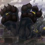  2017 4_toes 5_fingers ambient_bird ambiguous_gender ambiguous_species anthro anthro_focus athletic athletic_anthro athletic_male avian barefoot beherit biped bird black_body black_claws black_eyebrows black_fur black_nose black_pawpads broken_building building canid canine car cheek_tuft city claws clothed clothing cloud crush day destruction detailed_background digit_ring digital_drawing_(artwork) digital_media_(artwork) dust eeveelution eyebrows facial_tuft fan_character fence fingers flattened fluffy fluffy_tail foot_focus front_view fur fur_markings fur_tuft garage grin group hair half-closed_eyes hand_on_stomach head_tuft hi_res house human jewelry larger_anthro larger_male looking_down low-angle_view lying macro macro_focus male male_focus mammal markings micro moonlight_(ramsusxiii) mostly_nude narrowed_eyes necklace nintendo on_back on_ground on_paw outside paw_tuft pawpads paws pecs pok&eacute;mon pok&eacute;mon_(species) rampage red_eyes red_sclera relaxing ring ring_marking rubble sadism scared sharp_claws short_hair size_difference sky smaller_ambiguous smaller_anthro smaller_human smaller_male smile smoke solo_focus standing teeth three-quarter_view toe_ring toes toony tuft umbreon under_foot under_paws vehicle video_games white_hair window wood yellow_markings 