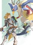  angry anthro aooni archer avian blonde_hair blue_body blue_eyes blue_feathers bow_(weapon) breath_of_the_wild clothing dup feathers green_eyes hair hi_res humanoid hylian knight link male nintendo plantigrade ranged_weapon revali rito rivalry shield tabard talons the_legend_of_zelda video_games warrior weapon 