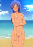  1girl abs absurdres beach bikini_tan blue_hair blue_sky blush breasts brown_eyes censored cleavage cloud collarbone completely_nude day embarrassed eyelashes furrowed_eyebrows heart heart_censor highres hip_bones holding_own_arm idolmaster idolmaster_(classic) jabara_tornado kisaragi_chihaya long_hair looking_at_viewer muscular navel nipples nude ocean outdoors pussy pussy_juice sky small_breasts solo sweat tan tanline thick_thighs thighs toned wide_hips 