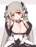  1girl azur_lane bangs bare_shoulders black_ribbon breasts bridal_gauntlets bright_pupils cleavage closed_mouth collarbone corset cross-laced_clothes earrings eyebrows_visible_through_hair formidable_(azur_lane) frills frown hair_ribbon hands_up head_tilt highres jewelry long_hair medium_breasts orange_eyes outline ribbon silver_hair solo tenkasu_(aster4545) twintails twitter_username very_long_hair white_pupils 