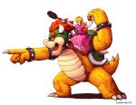  anthro armwear blonde_hair blue_eyes bowser claws clothing cookware crown dress duo elbow_gloves female frying_pan gloves hair handwear horn human kitchen_utensils koopa larger_male male mammal mario_bros mataknight nintendo open_mouth princess_peach red_eyes red_hair scalie shell signature size_difference smaller_female spikes tongue tools video_games 