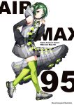  1girl air_max_95 black_sleeves commentary_request detached_sleeves english_text fashion green_hair green_legwear grey_footwear headphones highres hood nike original personification shimesaba_kohada shoes sneakers solo thighhighs two-tone_footwear 