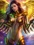  1girl absurdres black_hair breasts brown_eyes cowboy_shot forehead gold_armor highres large_breasts leotard lips logan_cure long_hair looking_at_viewer mechanical_wings navel open_mouth solo superhero thighhighs wings wonder_woman wonder_woman_(series) 