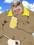  2018 anthro ashigara asian_clothing belly brown_body brown_fur bulge clothing east_asian_clothing eyes_closed fundoshi fur gtora1 hi_res japanese_clothing kemono male mammal moobs navel nipples outside overweight overweight_anthro overweight_male solo tokyo_afterschool_summoners towel underwear ursid video_games 