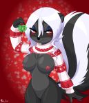  2020 absurd_res anthro areola bare_chest barely_visible_genitalia barely_visible_pussy bedroom_eyes big_breasts black_body black_fur blush bottomless breasts brown_eyes chest_tuft christmas christmas_clothing christmas_sweater christmas_topwear clothed clothing countershade_torso countershading crotch_tuft diana_rayablanca eyeshadow female fur genitals grey_body grey_countershading grey_fur hair hi_res holding_object holidays hoodie looking_at_viewer makeup mammal meme meme_clothing mephitid mistletoe narrowed_eyes nipples plant purple_eyeshadow pussy red_background seductive signature simple_background skeletonguys-and-ragdolls skunk small_waist solo standing striped_skunk sweater topwear tuft twitter_hoodie white_hair wide_hips 