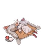 1girl absurdres animal_ears bangs book cat_ears cat_tail child closed_eyes cup eyebrows_visible_through_hair facial_mark final_fantasy final_fantasy_xiv food highres hjz_(artemi) lying miqo&#039;te mug on_side open_book rug short_hair sleeping socks solo tail whisker_markings white_background white_hair y&#039;shtola_rhul younger 