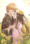  1boy 1girl agatsuma_zenitsu antweiyi bangs black_hair black_kimono blonde_hair blunt_bangs bug butterfly closed_eyes closed_mouth couple cowboy_shot day field flower flower_field hand_in_another&#039;s_hair head_wreath hetero holding_hands insect japanese_clothes kamado_nezuko kimetsu_no_yaiba kimono long_hair long_sleeves looking_at_another outdoors pink_kimono short_hair signature standing wide_sleeves 